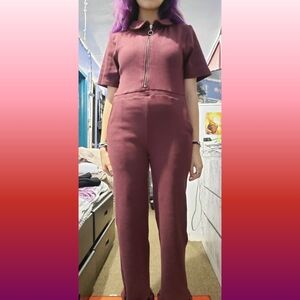 Burgundy ribbed polo jumpersuit